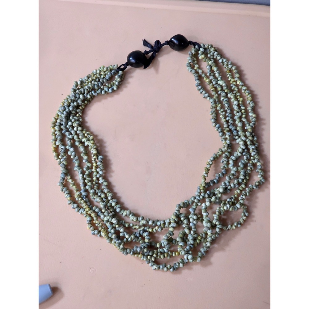 Multi‎ Strand 6 Mini Mongo Shell Necklace Black Seed Bead Accent Olive Green - Picture 6 of 9